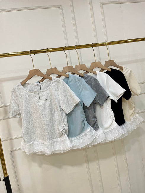 Women Round Neck Lacey Detail Button Down Tops